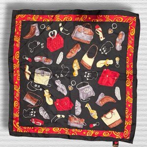 Brighton 100% Silk Scarf w/Purse Shoes Jewelry Print Black Red 21x21” Vintage